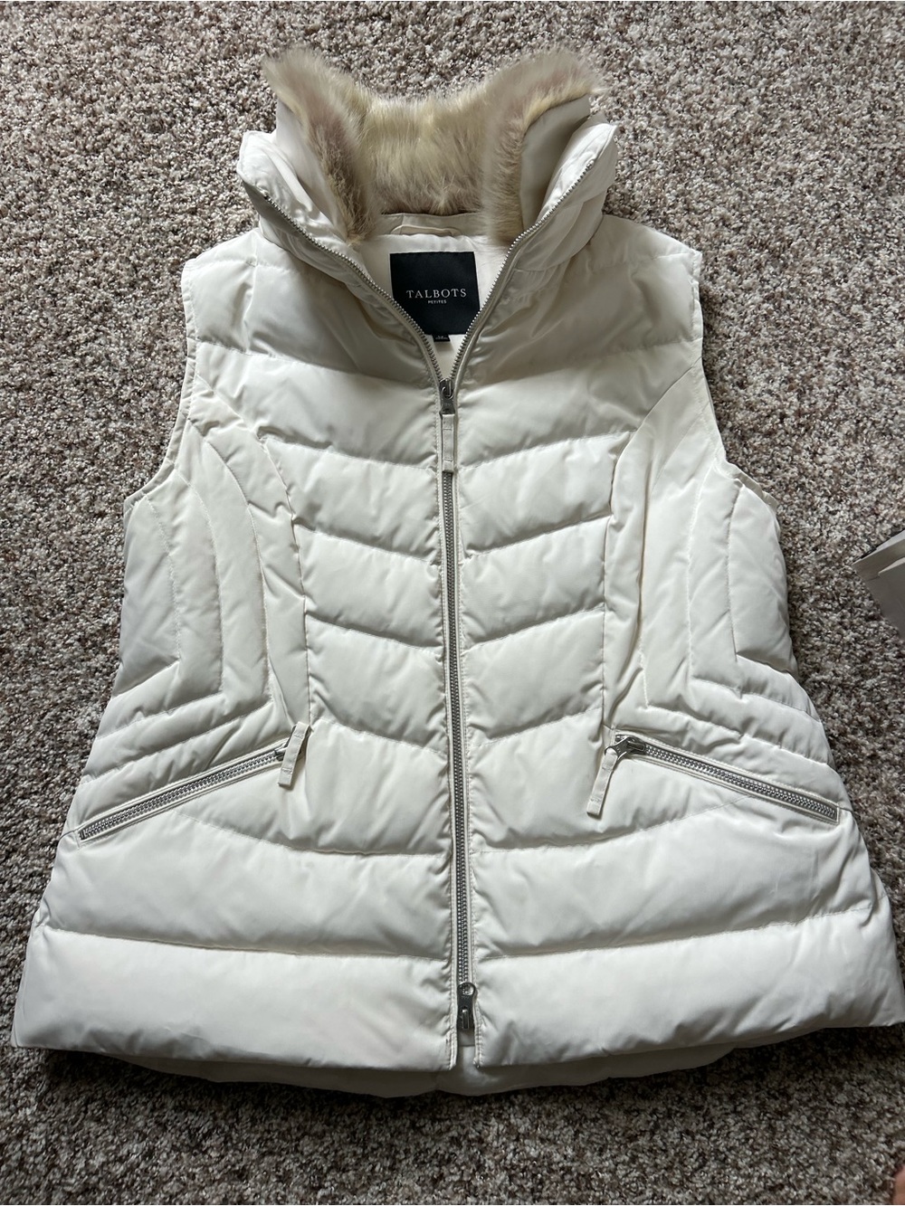 Talbots Cream Quilted Puffer Vest with Faux Fur Trim Size Large Petite